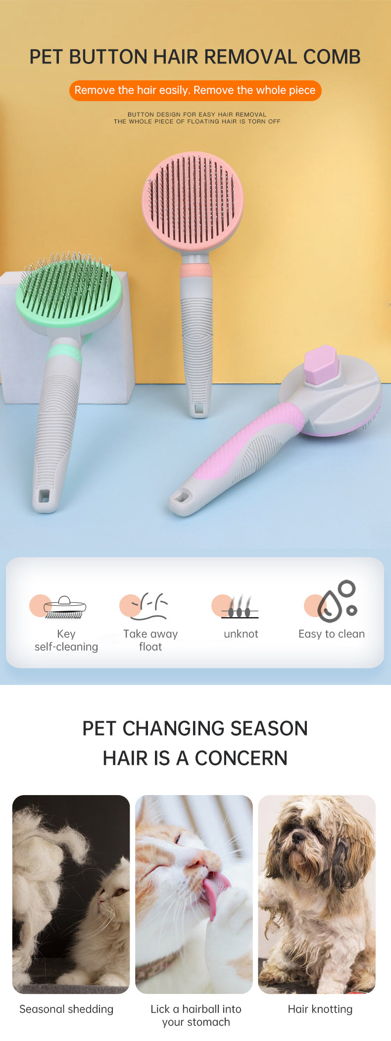 Self-Cleaning Pet Grooming Brush for Dogs & Cats