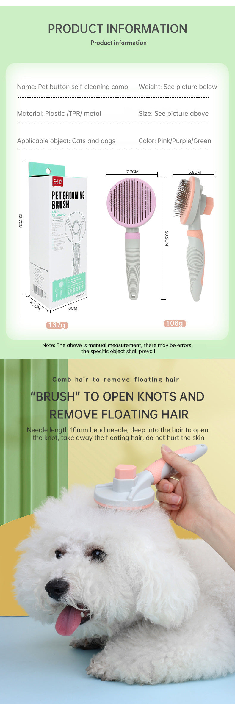 Self-Cleaning Pet Grooming Brush for Dogs & Cats